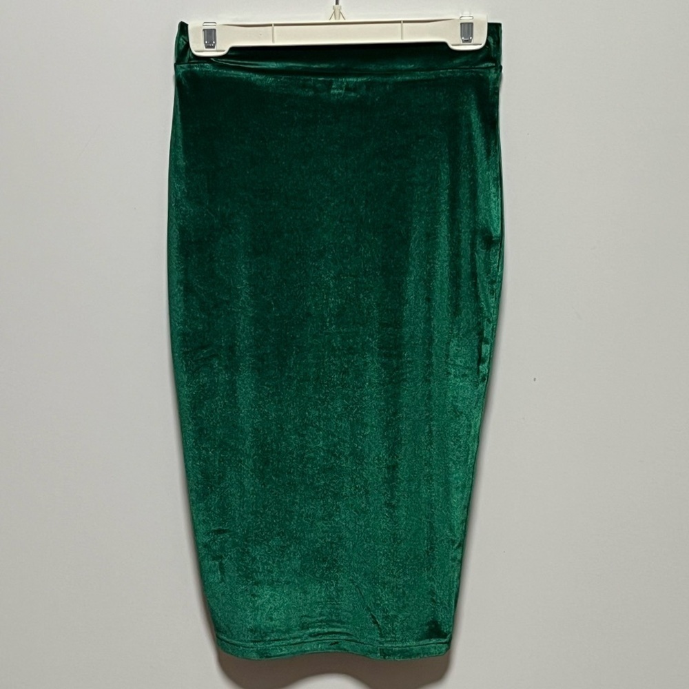 LULU’S Emerald GREEN VELVET stretch elastic waist sleek sexy midi pencil SKIRT - Picture 7 of 9